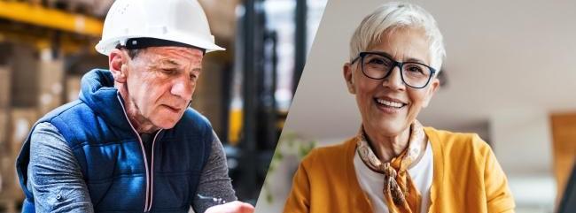 Links: Ein Mann mit Helm in einer Lagerhalle. Rechts: eine Frau an einem Schreibtisch.